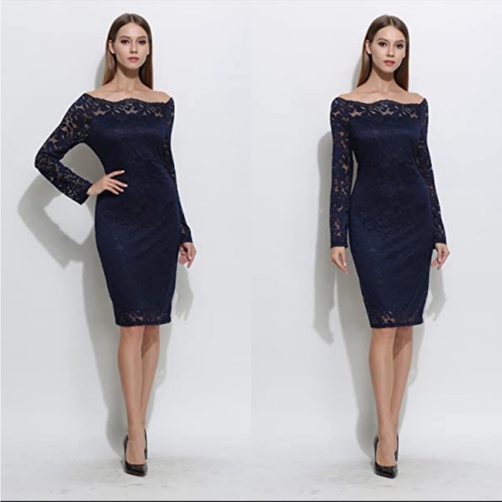 Sheer Sleeve Off Shoulder Dark Blue Dress Small Bodycon Long Sleeve Holiday NEW